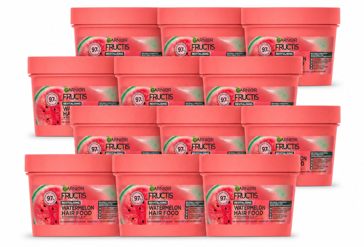 12 x Garnier - Fructis Hair Food Watermelon - 3-in-1 Haarmasker - Futloos Haar - 400 ml - Voordeelverpakking - 12 stuks