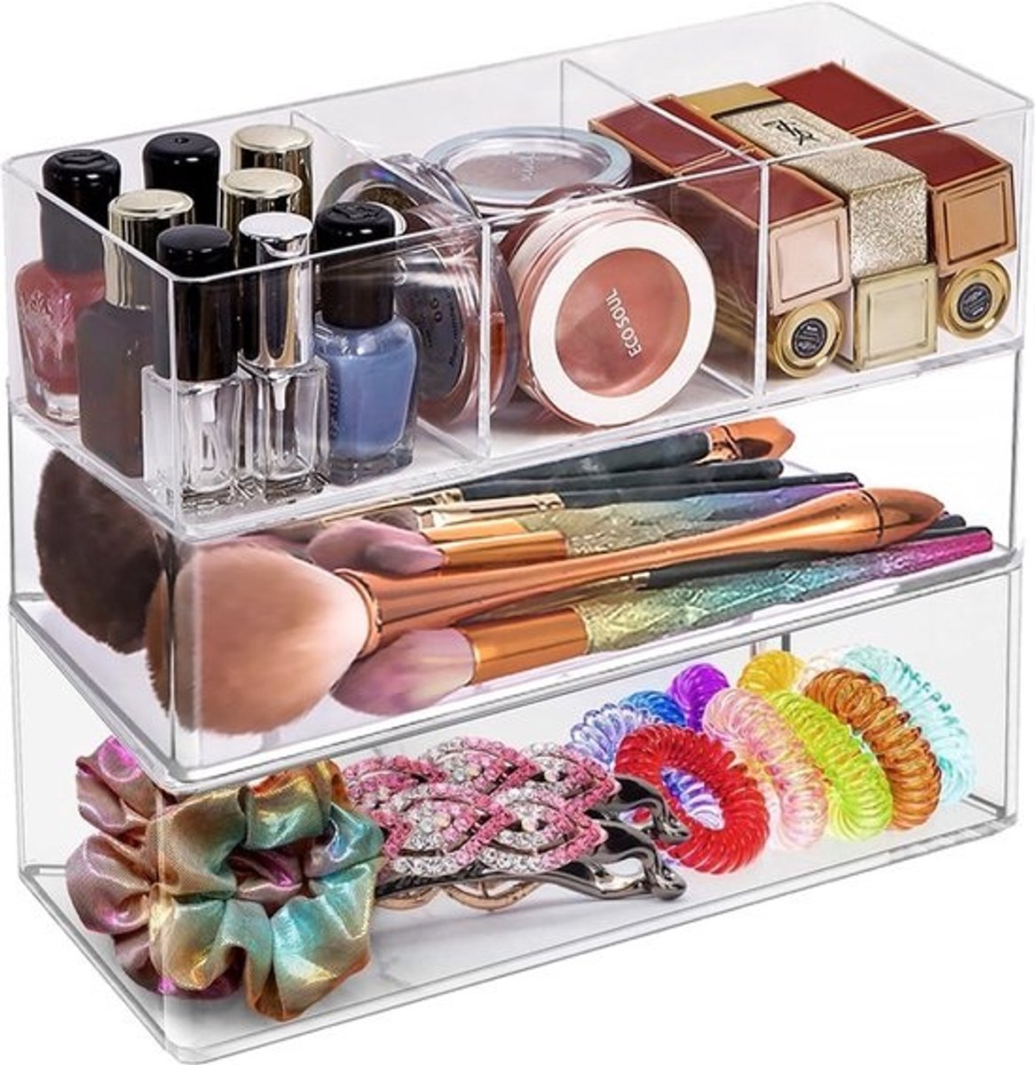 Transparante Make-up Organizer Set van 3 met Verwijderbare Lades voor Cosmetica en Accessoires
