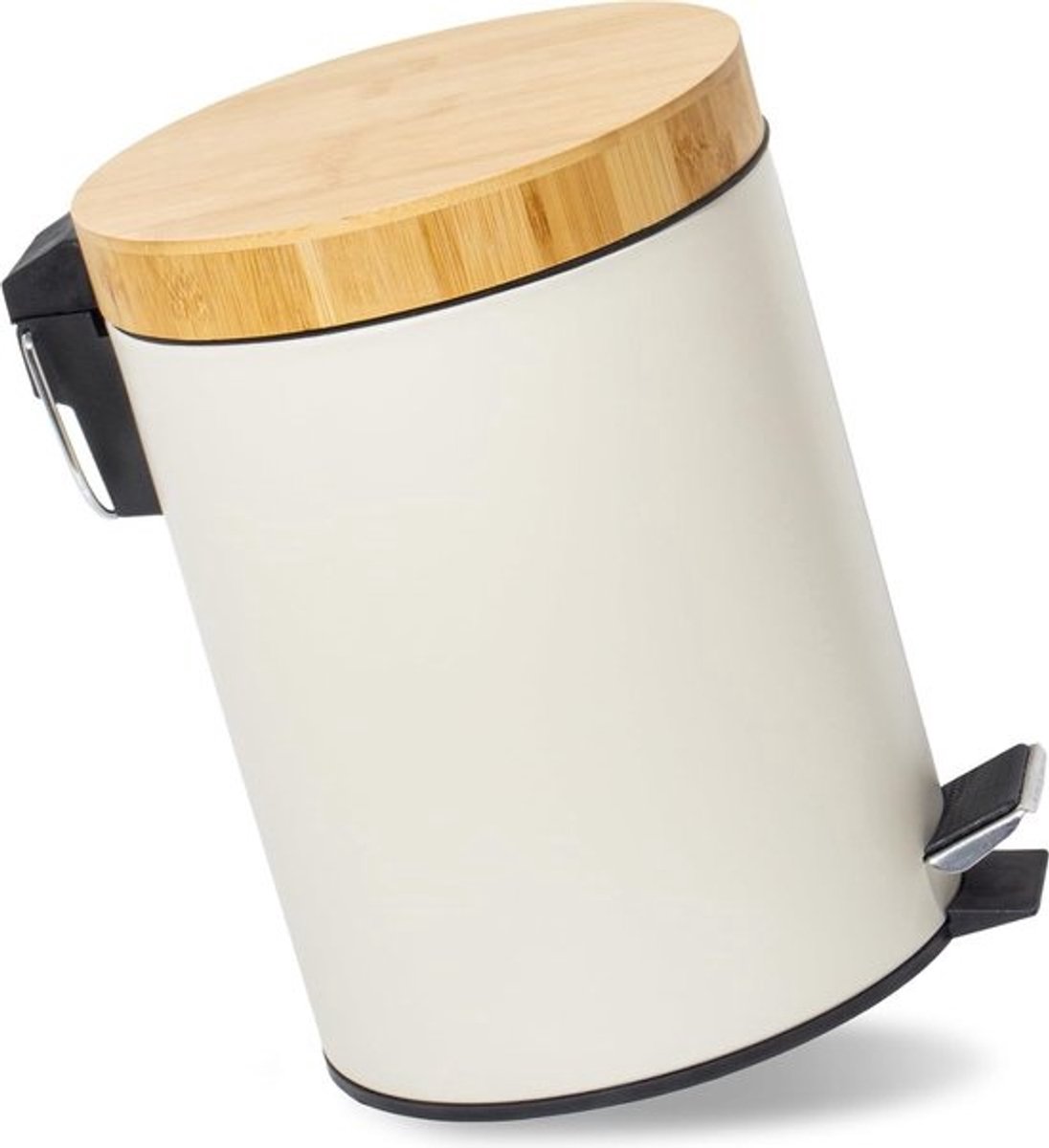 5 L Bathroom Bin with Wooden Lid, Cosmetic Bin with Soft Close Mechanism, Bathroom Bin, Waste Bin Bathroom (Beige 5 L)