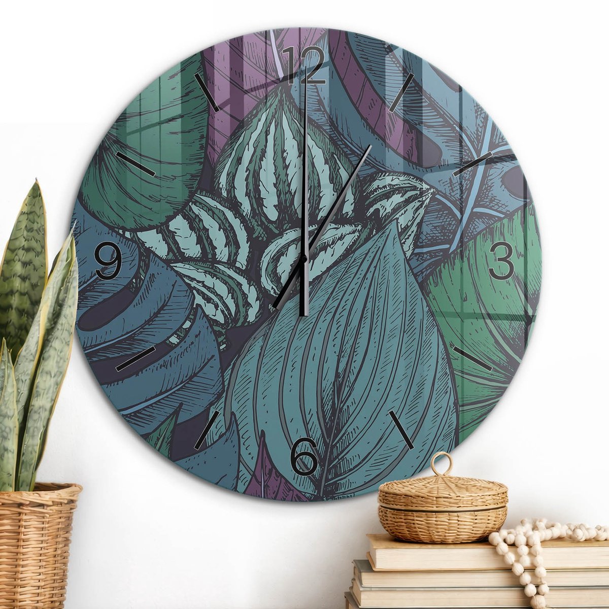 ArtPrintCave Groene Glazen Klok - Wandklok 60 cm - Muurklok Rond - Botanisch Patroon Unieke Klok - Achtergronden En Patronen Stille Wandklok - Zwarte Klokwijzers