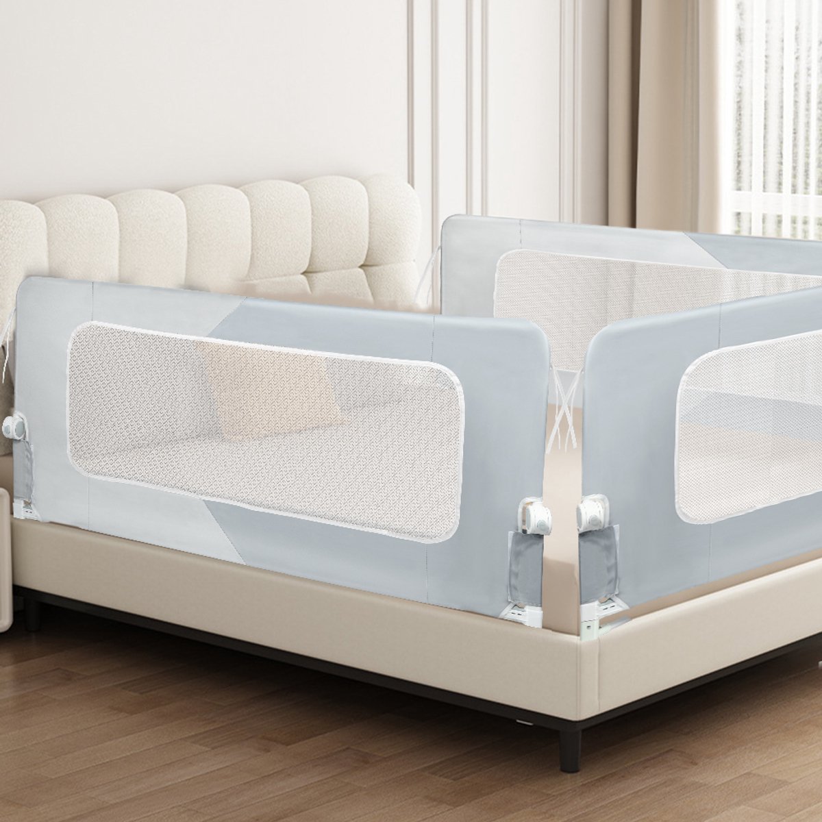 PIPIPOXER Bedhekje - Bedhek - Bedhekje Verstelbaar - Optilbaar 150 x 73-86cm - Draagbaar– Bedrail - Geen boren nodig - Grijs