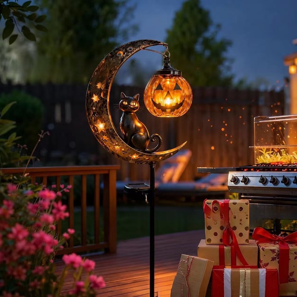 Zonne-energie tuinlamp voor Halloween - Outdoor Decoratie met houten paal - Super feestelijke sfeer - zwart