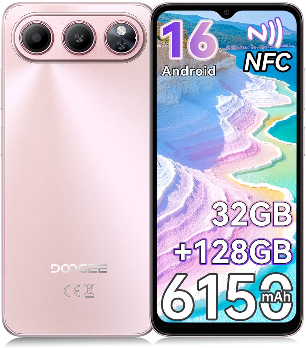 DOOGEE Note 60 Smartphone - 6,56" - Android 16 - 32GB(3+29) RAM - 128GB ROM - 6150 mAh - Lichtgewicht 190 g - 3,5 mm hoofdtelefoonaansluiting - NFC - GPS - Roze
