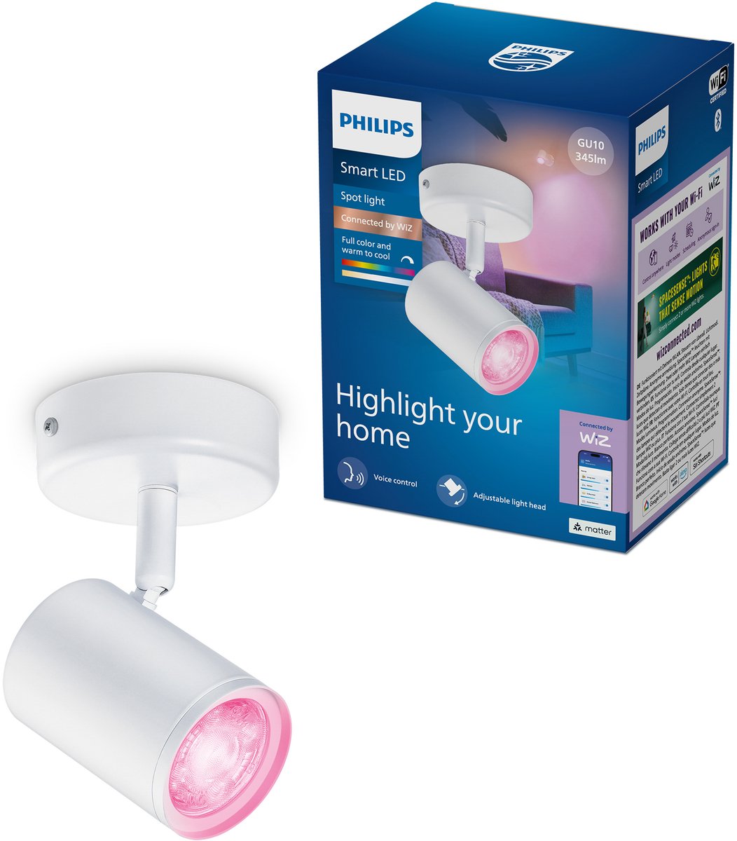 Philips Smart Lighting - opbouwspot - 1 spot - rgb - gekleurd en instelbaar wit licht - dimbaar - wit - 1x5w - gu10 fitting - werkt met de wiz app - wifi