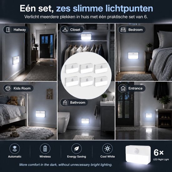 LED Trapverlichting met Bewegingssensor - 6 Stuks Draadloze Nachtlampjes op Batterij - Wit 6500K - Automatische Sensorlamp voor Kast, Gang, Slaapkamer en Badkamer — afbeelding 4