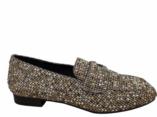 Bruine La Strada loafer met pied-de-poule patroon en glinsterende steentjes.