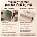 Links: donkergroene TPE yogamat. Rechts: beige PU rubber yogamat. "Welke yogamat past het beste bij mij?"
