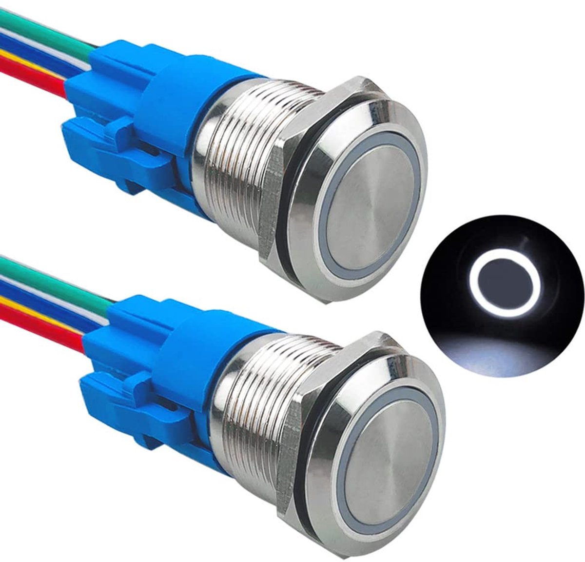2 stuks 19 mm momentdrukknopschakelaar, 12 V/24 V 5 A, drukknopschakelaar van roestvrij staal, waterdicht IP67, met voorbedrade stekker (witte led)