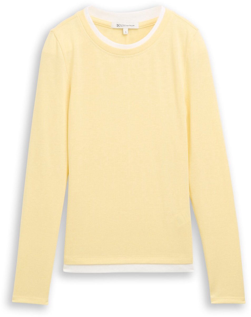 Tom Tailor Denim - Cosy T-shirt met lange mouwen in 2-in-1-look - Maat XXL - soft vanilla yellow melange