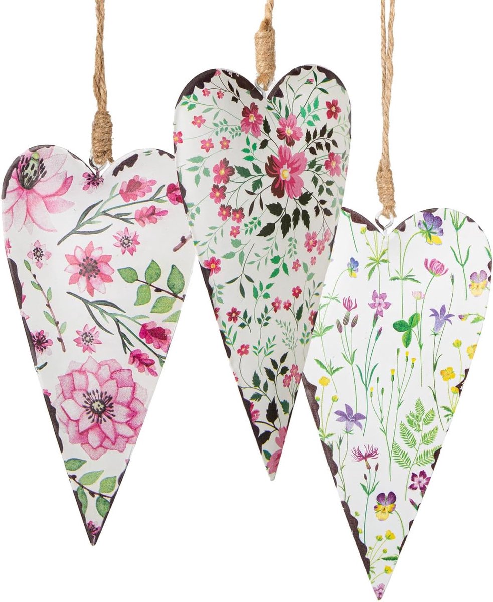 3 hartvormige hangers, roze, beige, 17 cm, metaal, verjaardag, jubileum, wonen, liefdevol detail, woonaccessoire het hele jaar door