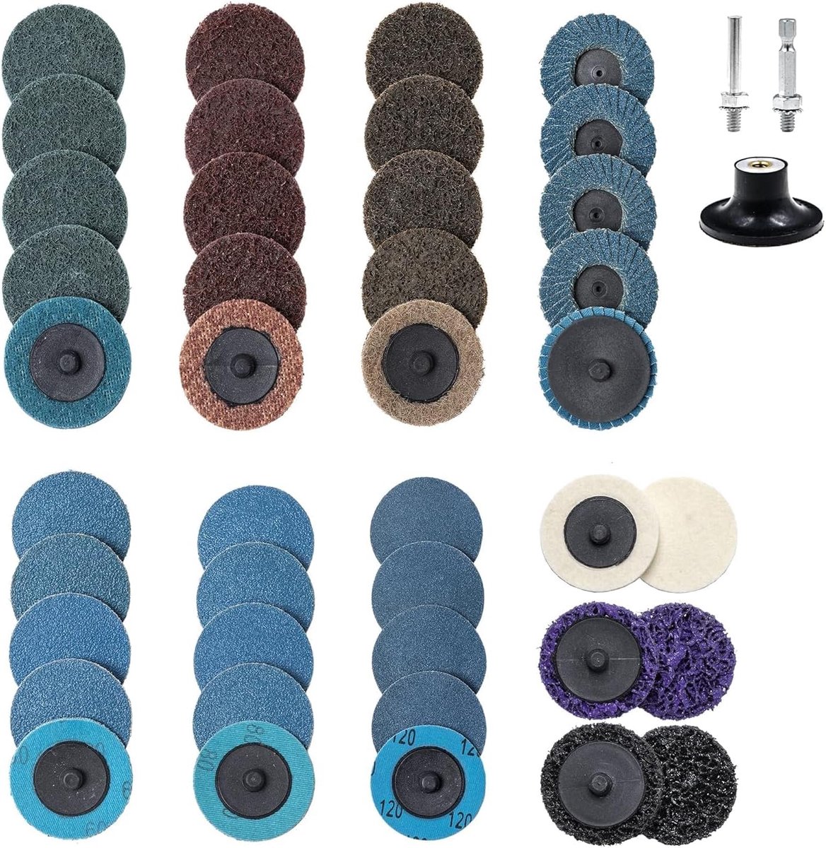 44 stuks rolblokkering, 2 inch slijpschijvenset, snelwisselschijf met 1/4 inch houder voor rechte slijper, slijpschijf, oppervlaktestrepen, slijpen, polijsten, bramen, lakverwijdering