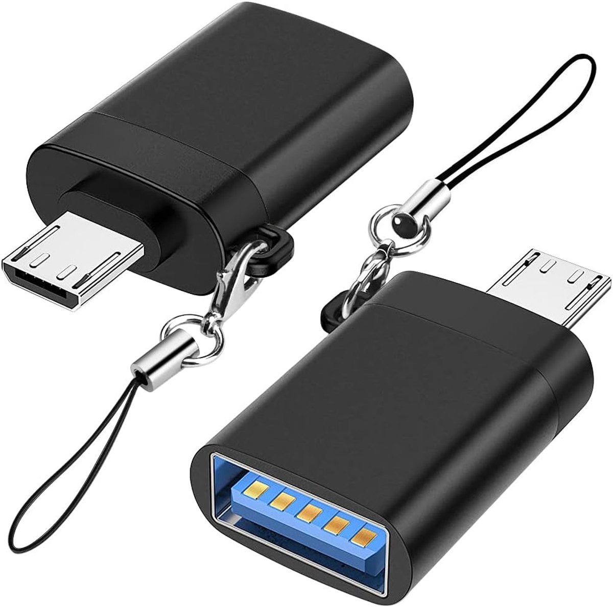 USB naar USB 3.0 Adapter (2 Pack) met Lanyard, Seminer Micro USB Male naar USB-A Female OTG Adapter Compatibel met Samsung S7 S6, OTG Micro Devices, Toetsenbord (Zwart)