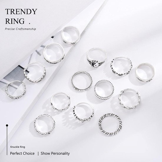 Vintage Knuckle Ring Sets Zilver Olifant Stapelbare Vingerringen Midi Size Gezamenlijke Knuckle Ring Sets voor Vrouwen en Meisjes 14 Stuks — afbeelding 4