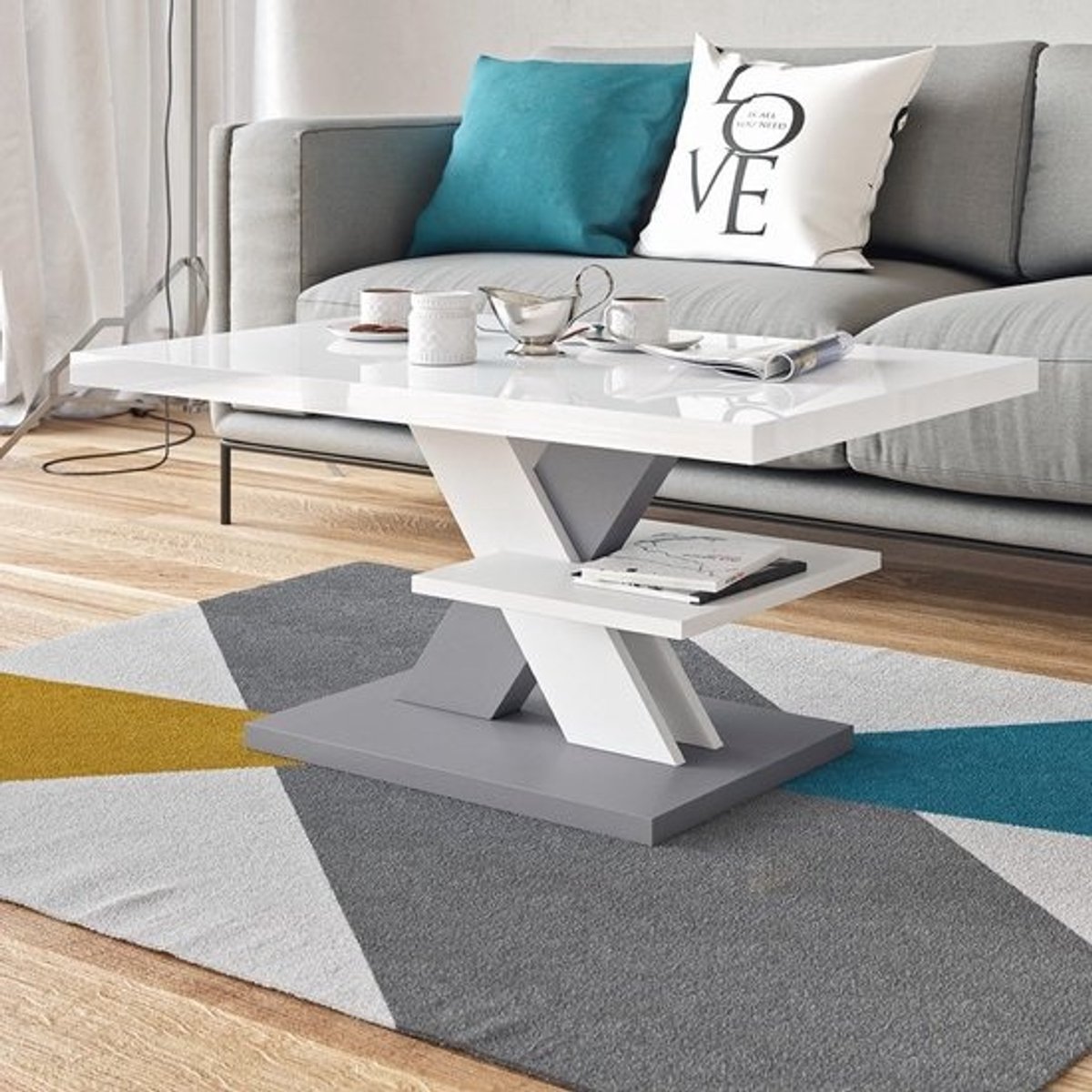 Moderne hoogglans salontafel in wit en grijs - veelzijdige bijzettafel voor woonkamer