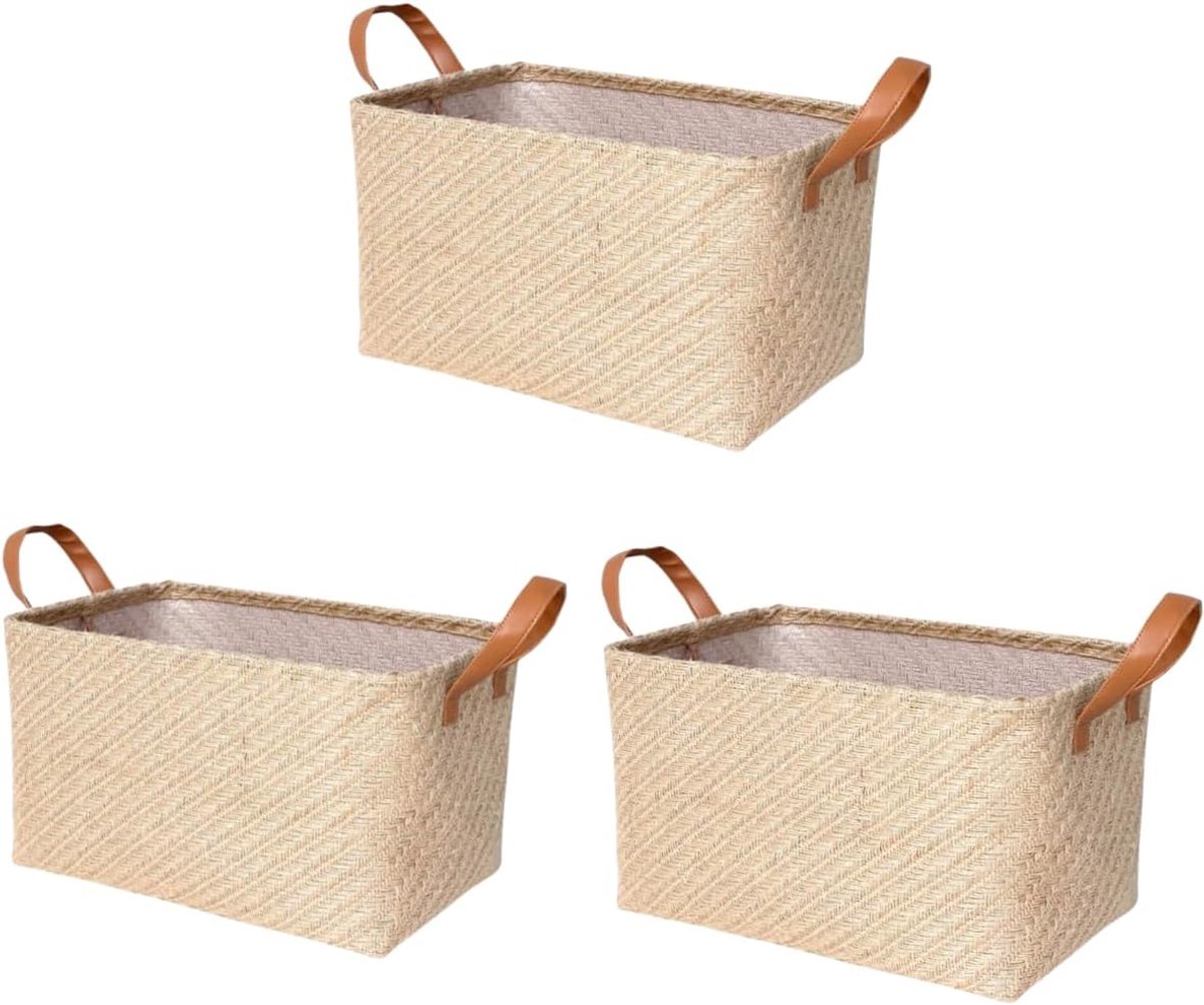 Opbergmanden, 3 stuks, natuurlijke linnen geweven organizer box met handvat voor speelgoed, kleding, slaapkamer (beige, klein)