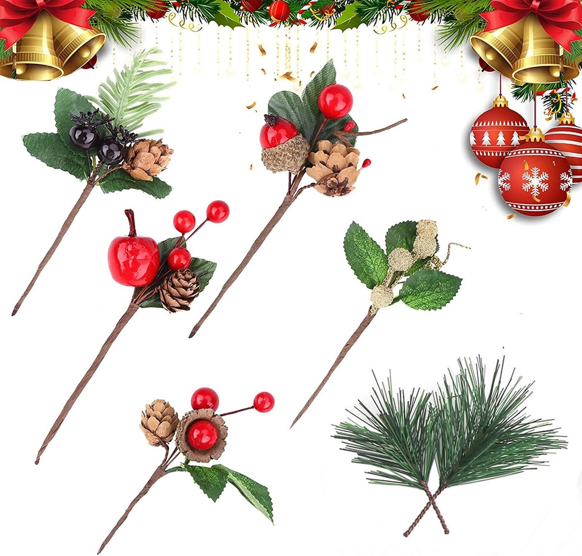 21 stuks kunstkerstbessen, kleine kunstdennentakken, rode bessen, dennenappels, hulst, takken, decoraties voor kerstboomversiering, kerstkransdecoratie