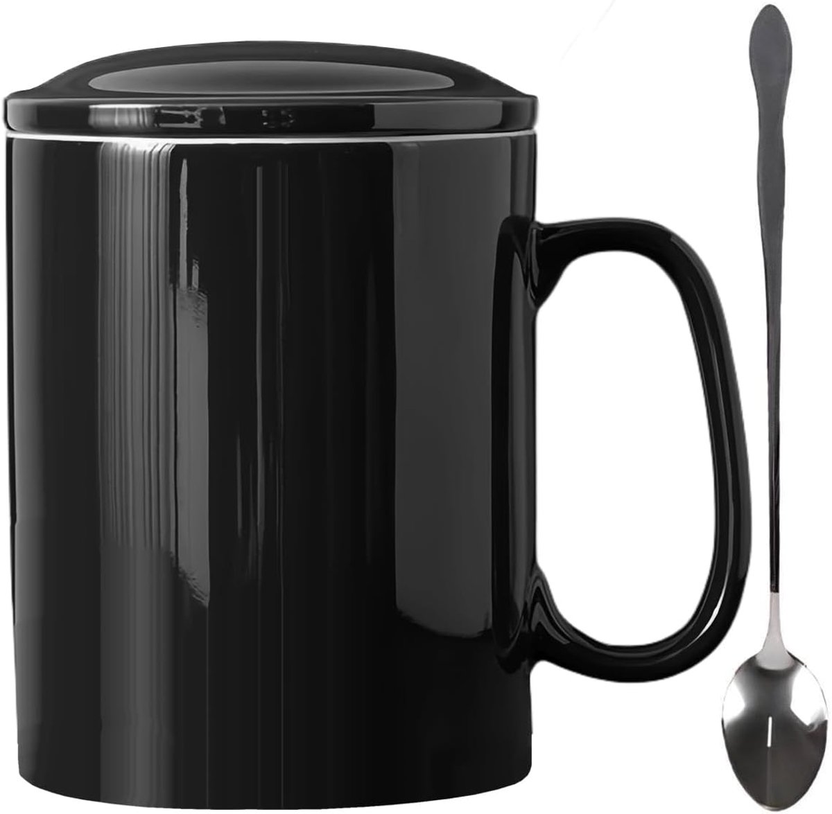 1000 ML Extra Grote Keramische Mok met Deksel en Lepel, Zwart