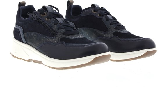 Een paar donkerblauwe Xsensible damessneakers met witte zolen, ritssluitingen en veters.