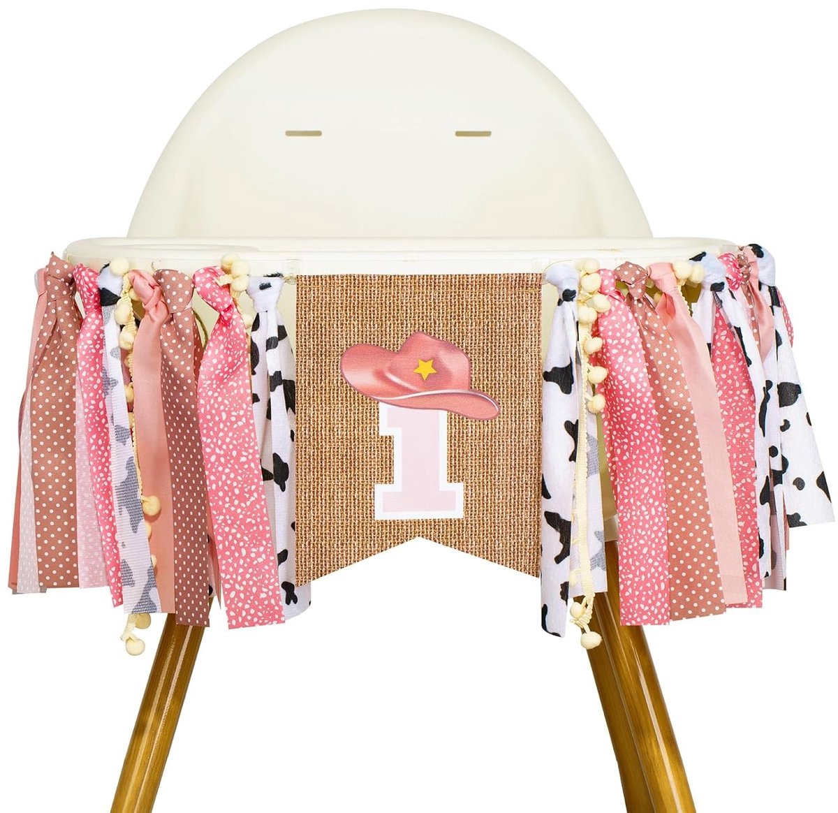 Hoogwaardige verjaardagsbanner voor eerste verjaardag, roze cowboydecoratie voor kinderstoel, feestversiering 1e verjaardag