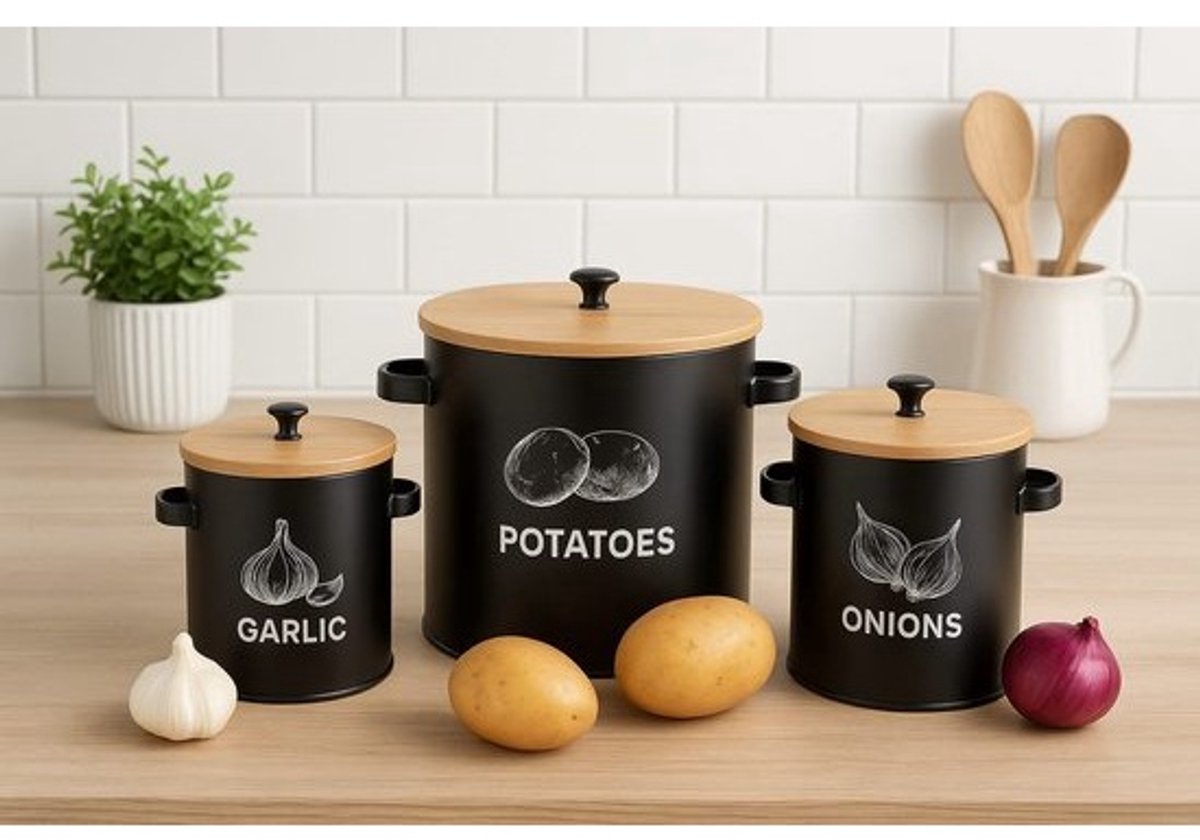 Voorraadpotten Set van 3 - Aardappel Opslag Bin - Aardappel Emmer - Opbergdoos voor aardappelen - knoflookpot uienpot - retro design keukenopslagkan - aardappelen lang bewaren supply bin