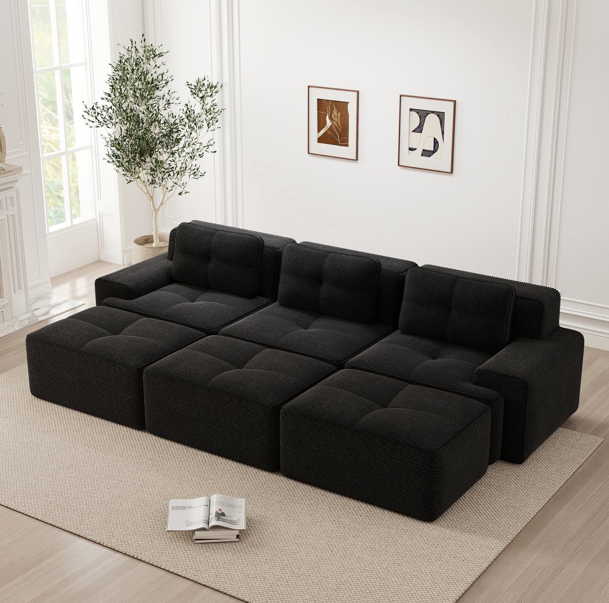 MODENUIT Hoekbank 293 x 177 x 69 cm - Modulaire Slaapfunctie Met 3 Poefs - Woonkamer - Ribfluweel Zwart