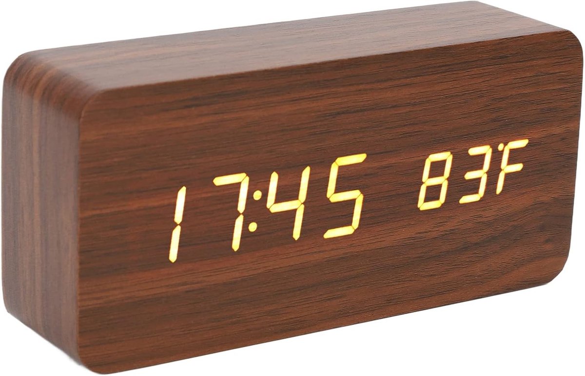 Digitale Houten Klok met Alarmfunctie, 3 Niveaus van Helderheid, Groot Kleuren Display, Temperatuur en Vochtigheid, Perfect voor Woonkamer en Kantoor Decoratie