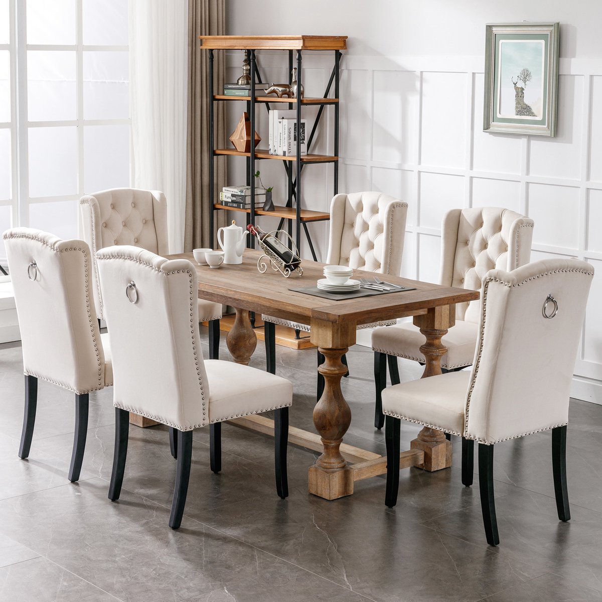 MODENUIT Eetkamerstoel 6-delige Set - Knopen En Hoge Rugleuning - Eetkamer - Velvet Met Eiken Poten - Beige