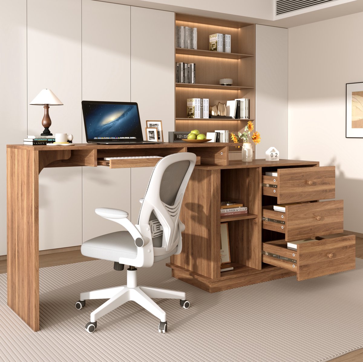 REDOM Multifunctioneel computerbureau - Uitschuifbaar tafelblad - Verborgen toetsenbordlade - Opbergkast met 3 lades - MDF - Walnoot - 110 x 40 x 75.5 cm