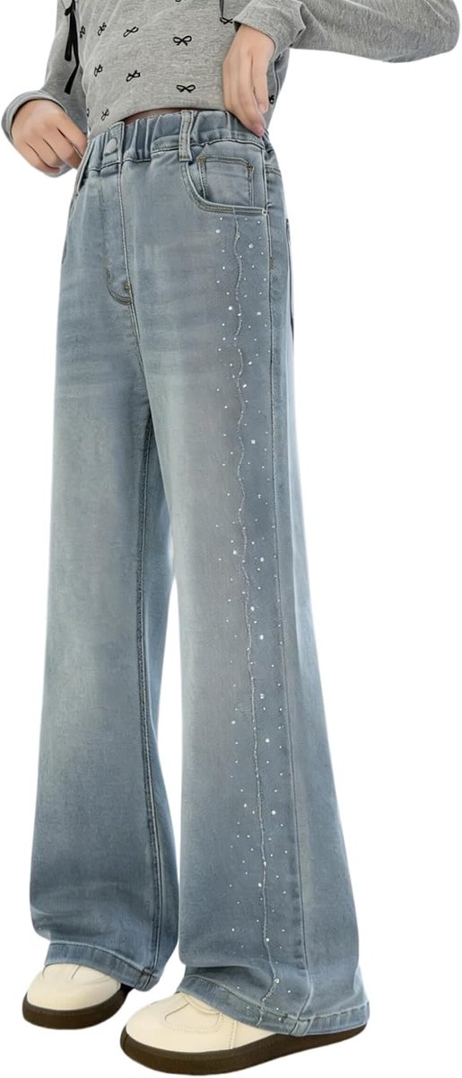Jeans, elastische taille bootcut rechte been sprankelende strass jeans voor tieners kinderen