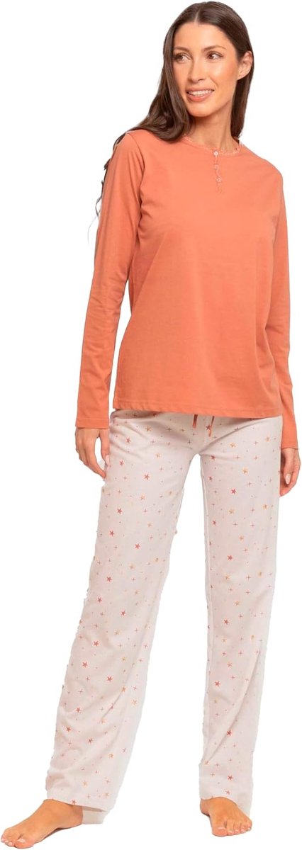 Damespyjama 100% Katoen met Lang Shirt en Lange Broek - Pyjama voor alle seizoenen - Lente en Zomer