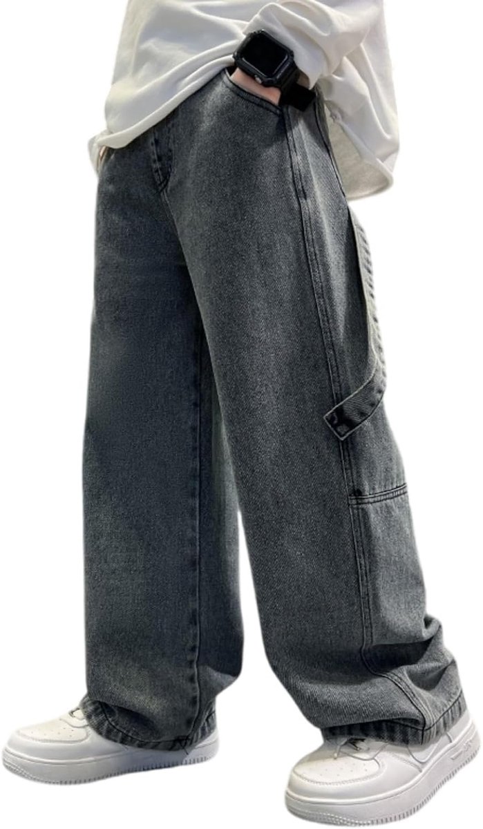 Jeans voor jongens, brede pijpen, elastische taille en meerdere zakken, cargobroek jeans voor kinderen