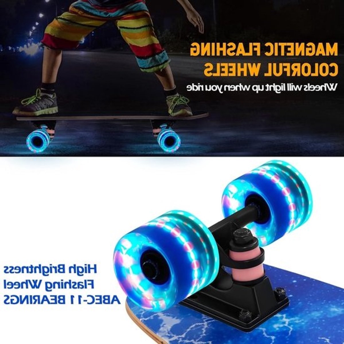 Kleurrijk skateboard met flitsende wielen - Voor beginners, kinderen en volwassenen - Compleet 9-laags skateboard van Canadees esdoorn - Geschikt voor tricks en stunts