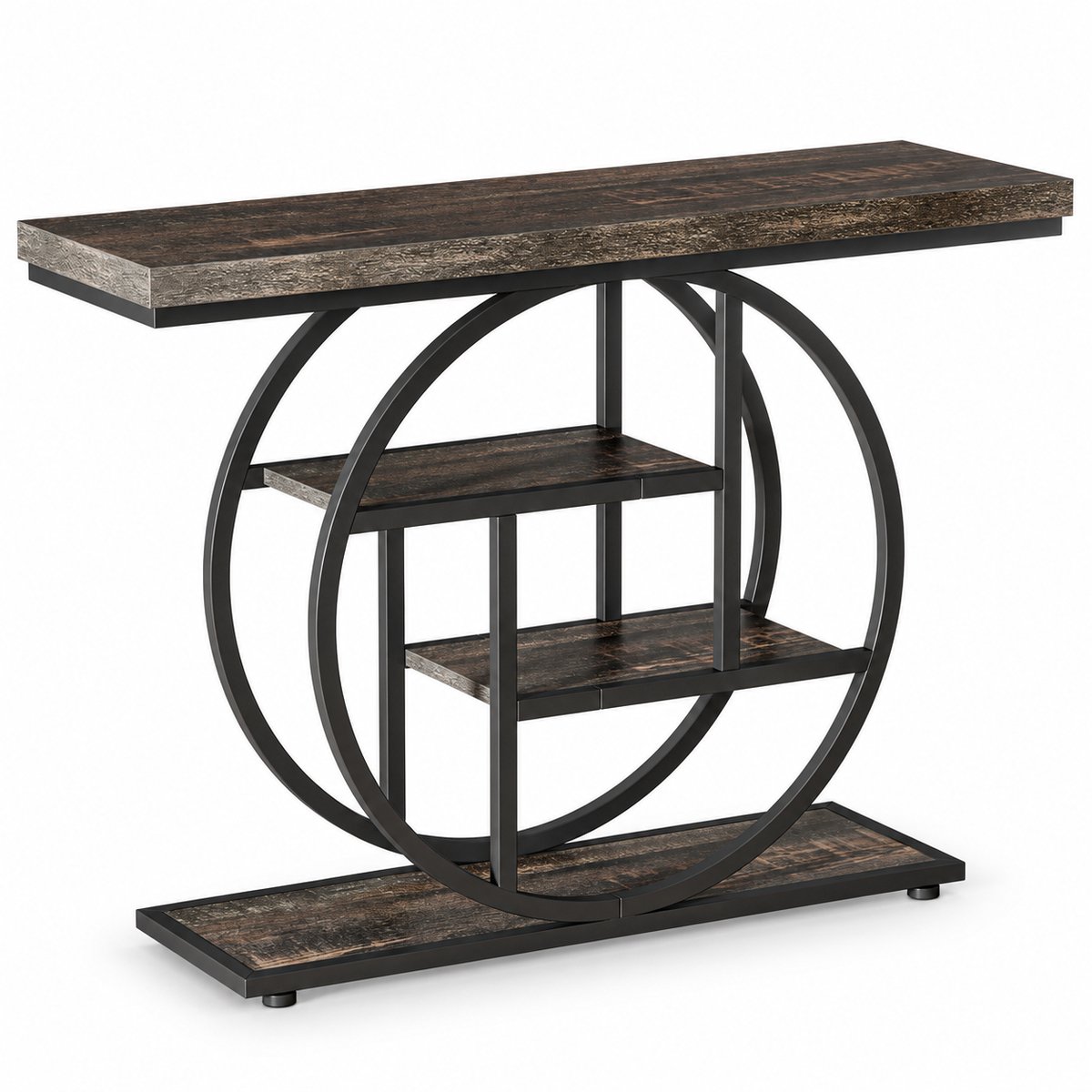 DMG Supply Consoletafel - Rond Metaalframe - 4 Niveaus - 105 x 30 x 80 cm - Rustiek Bruin en Zwart - Houtmateriaal en Metaal