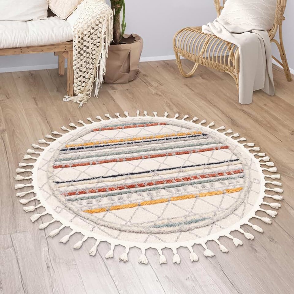 Home Vloerkleed Woonkamer Laagpolig Modern Boho Berber Scandinavisch Patroon Geometrisch Franjes, Maat:Ø 120 cm rondje, Kleur:Veelkleurig 2