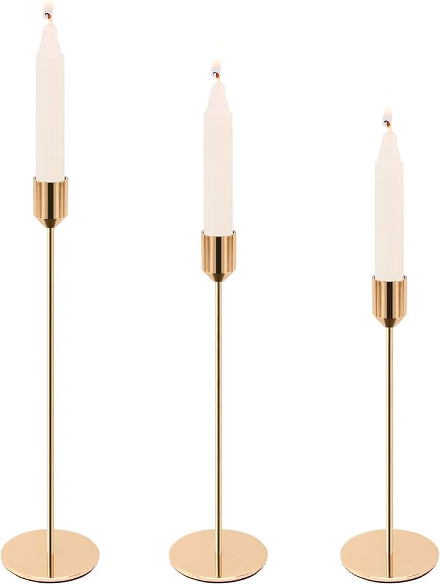 Set van 3 gouden metalen kandelaars, 24/28/34 cm, vintage kegelkaarsenhouder, vintage decoratieve kaarsenstandaard, tafeldecoratie, kaarshouder voor Valentijnsdag, Kerstmis, bruiloft, eetkamer