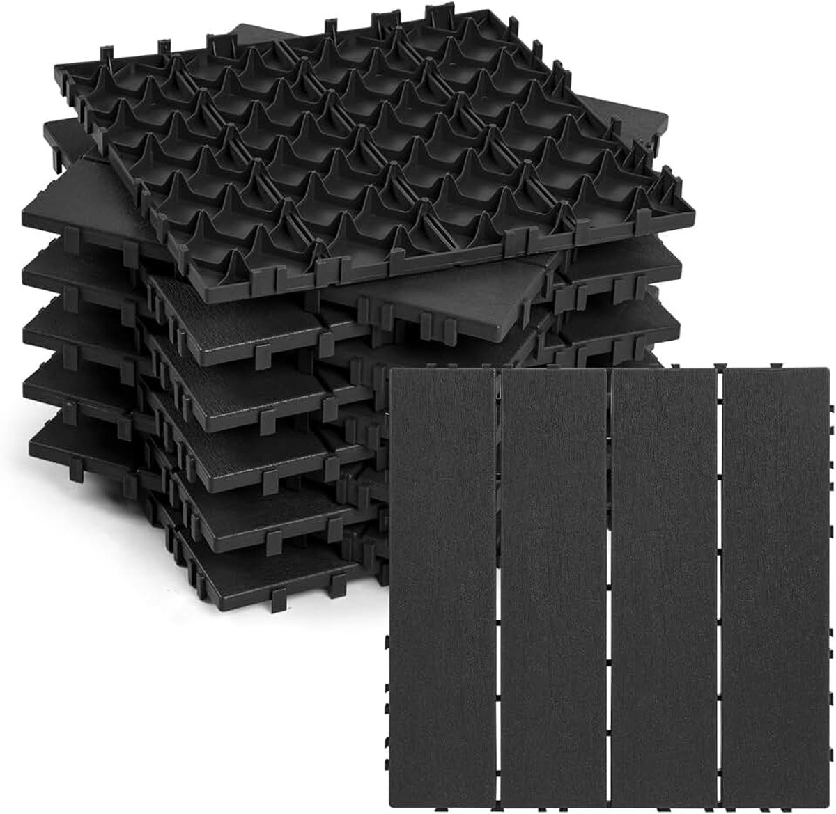 Kunststof vloerbedekking met houtlook voor terras en balkon, weerbestendig, antislip, met drainage-kliksysteem, 22 stuks (2 m²), antraciet
