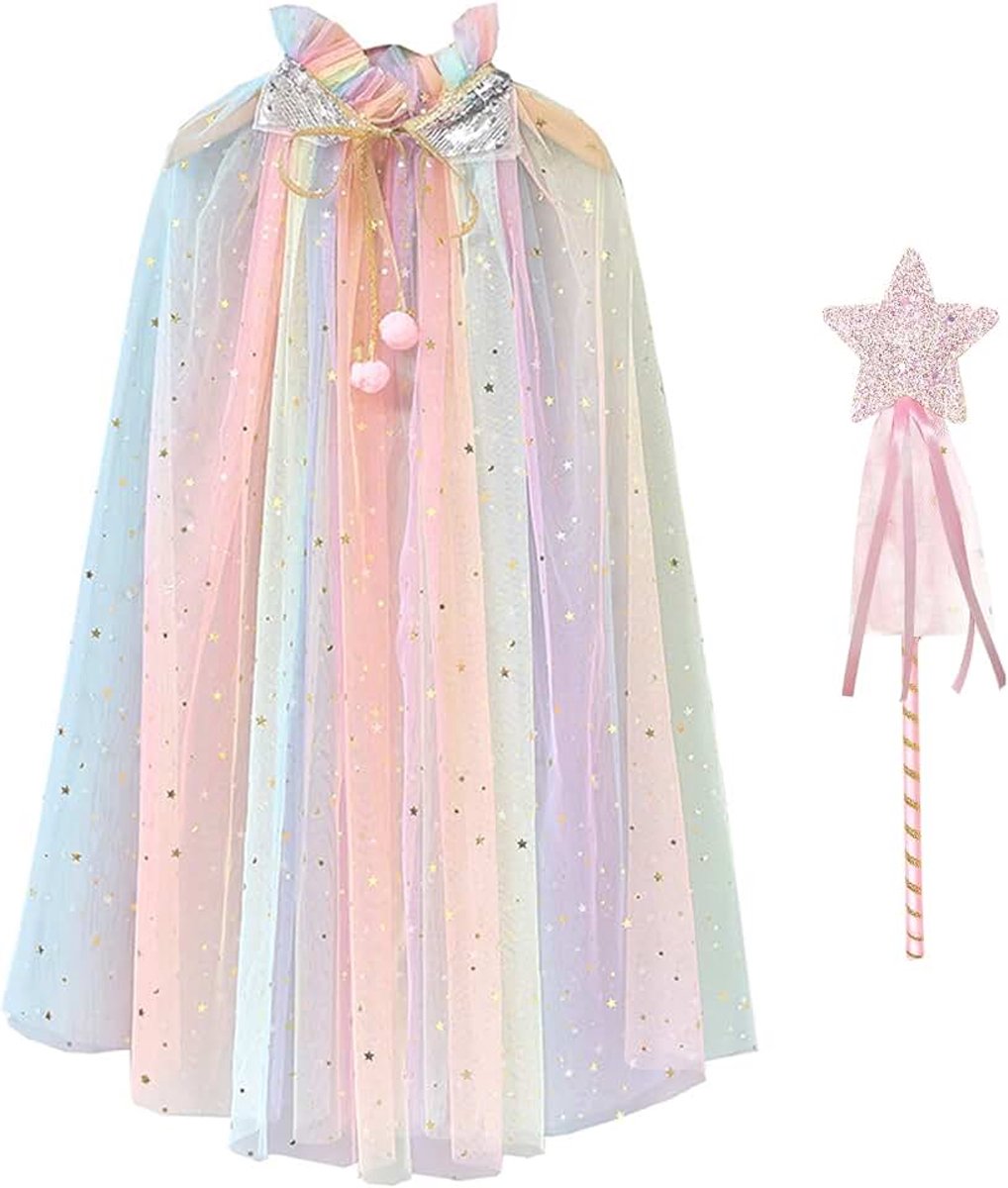 Prinses voor meisjes, kleurrijke cape voor meisjes, kostuum, tule, pailletten, glitter, feestcape, kostuum, prinsessenkostuum, Halloween-kostuum, met toverstaf voor meisjes van 6 tot