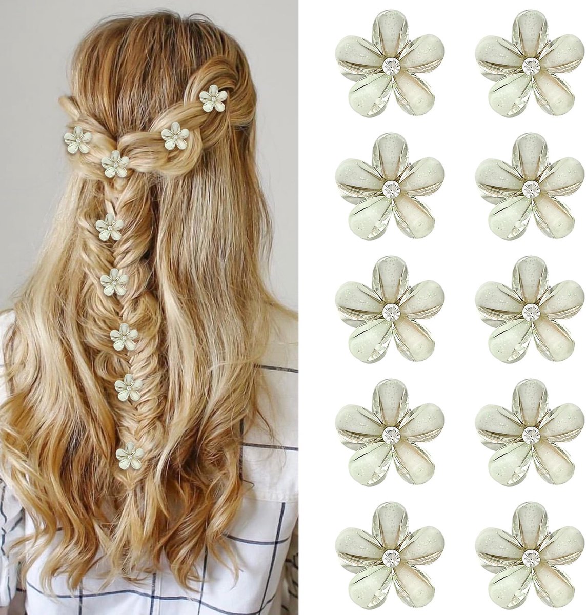 10 lichtgroene haarspeldjes met bloemen - mini-haarspeldjes met strass-steentjes voor meisjes en vrouwen, bruiloften en dagelijks gebruik (2 cm)