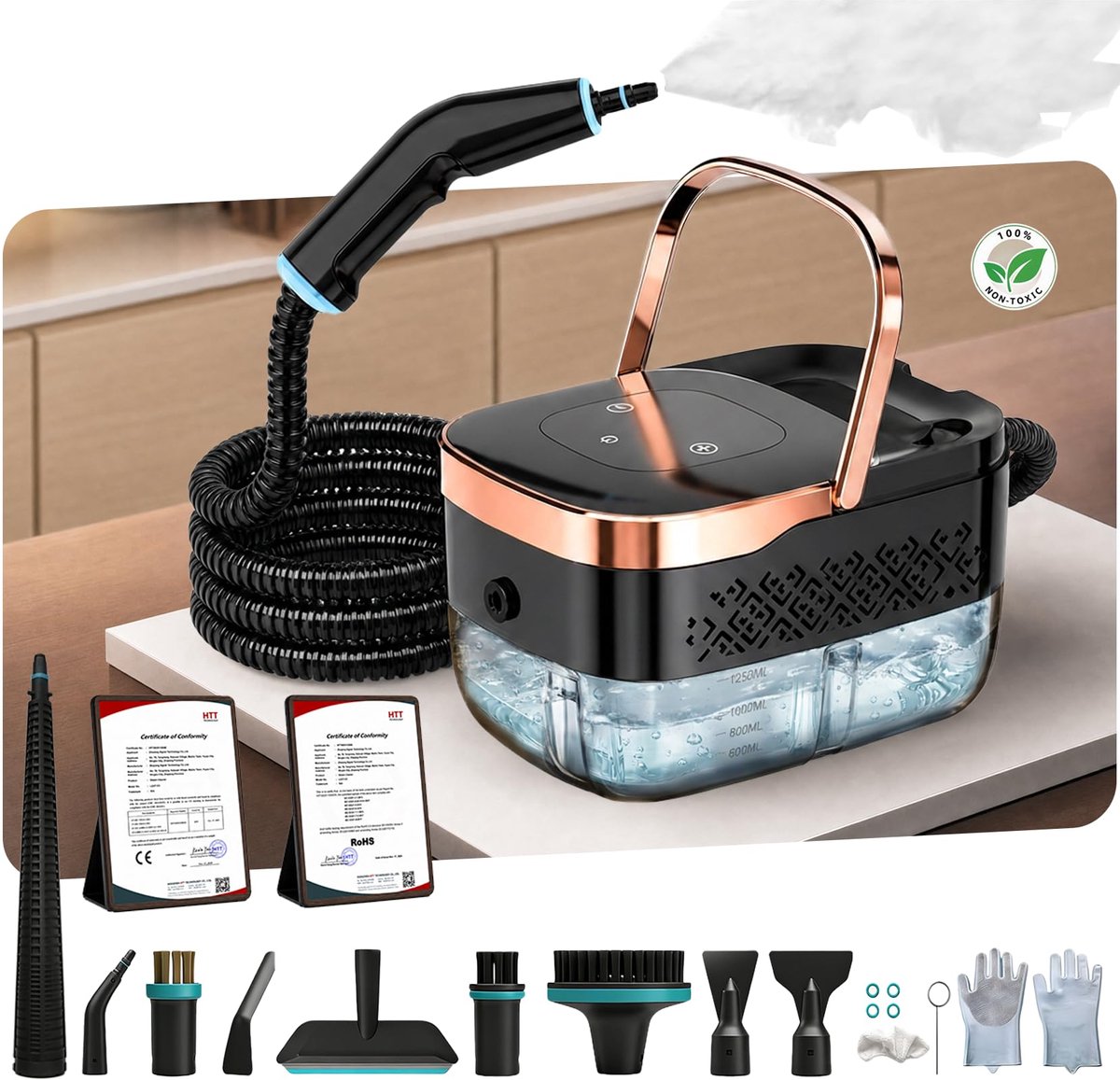 Stoomreiniger – 2500W – 4 Bar – Handstoomreiniger – 6 standen – 8 mondstukken – 1250 ml – 15 sec.