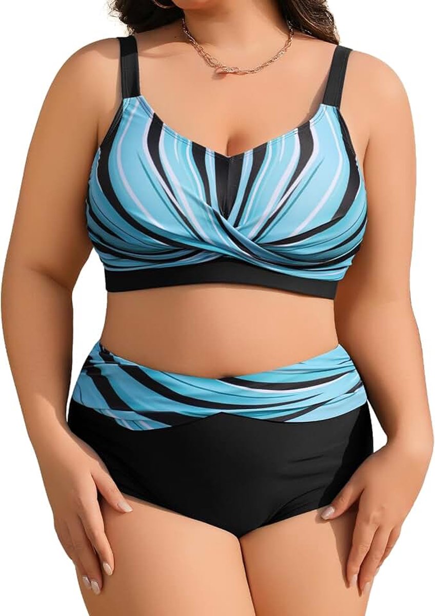 Heekpek Dames zwemkleding plus size V-hals buikcontrole badpak 2-delig twist front hoge taille bikini set plus size badmode