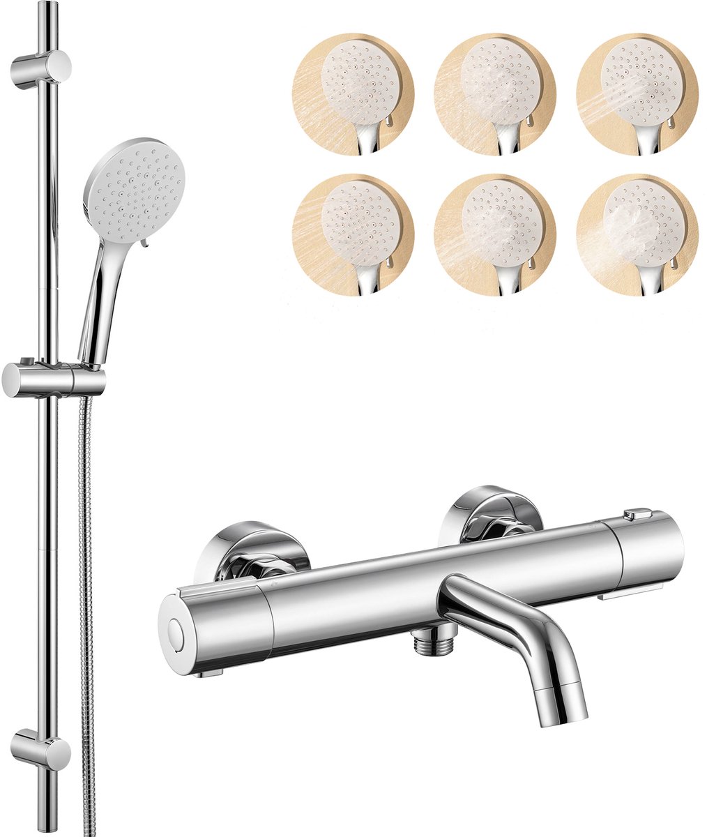 Auralum max Thermostatische Badkraan - 15 cm - 90 cm Glijstang Doucheset - 6 Standen Douchekop - Hoge Druk - Anti-Kalk - RVS Glijstangset - Met CoolTouch technologie - Chroom&Wit