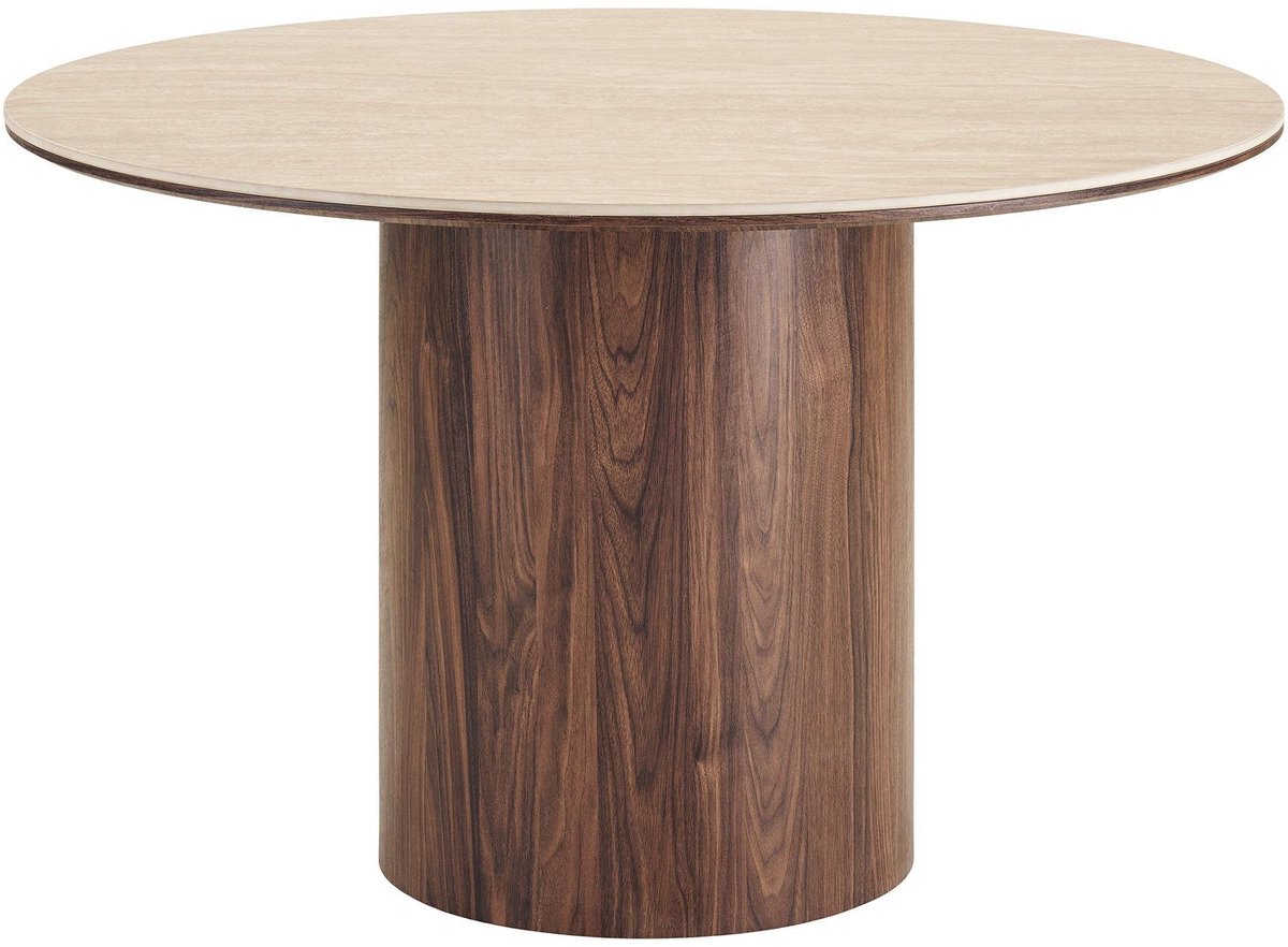 House Nordic Minamata eetkamertafel Ø120cm, keramisch tafelblad travertin, walnootdecor. Grijs