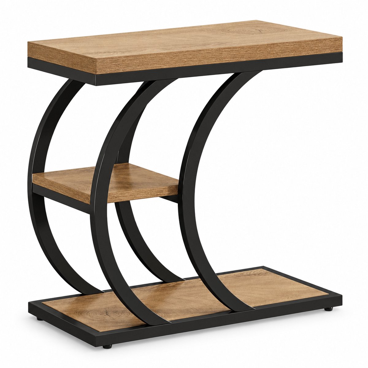 DMG Supply Bijzettafel - C-Vorm - 3 Niveaus - 60 x 30 x 58,5 cm - Naturel en Zwart - Spaanplaat en Metaal
