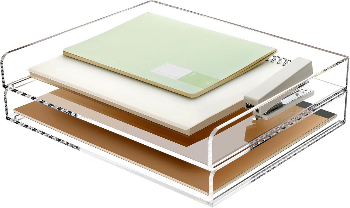 Folderhouder acryl - Transparant - 31,5 x 22,2 x 8,7 cm - Stapelbare 2-traps bureau-organizer - Voor kantoor en thuis