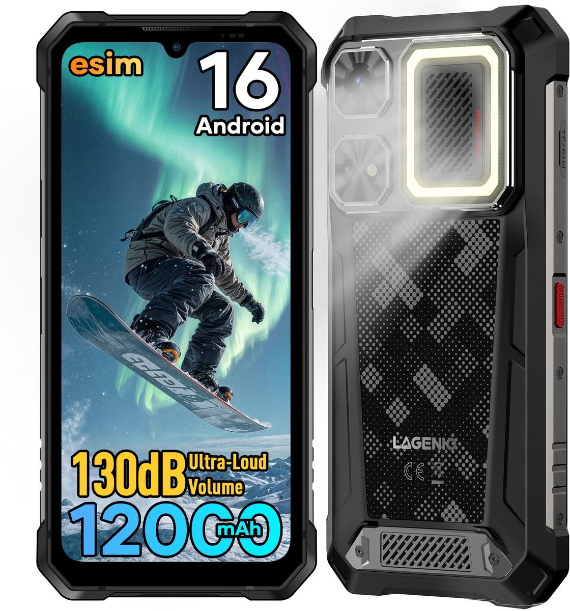 Lagenio Rhino 1 Pro Rugged Phone 24/256 GB – Rugged smartphone – Robuuste telefoon 6.9" – IP69 waterproof en stofdicht - Met Robuuste case - Dual SIM - Mobiel internet en GPS - Android 16 – 12.000 mAh batterij – Waterdichte telefoon - NFC