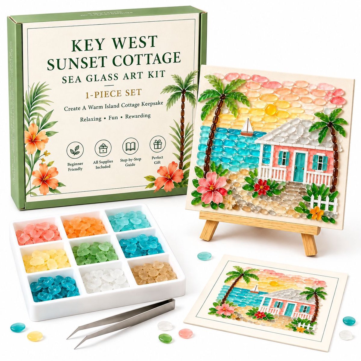 VHV - Kerstcadeau Zeeglas Art Mozaïek Pakket - Knutselpakket voor Volwassenen - DIY Pakket - Compleet met Pincet & Houten Ezeltje - Voor Beginners