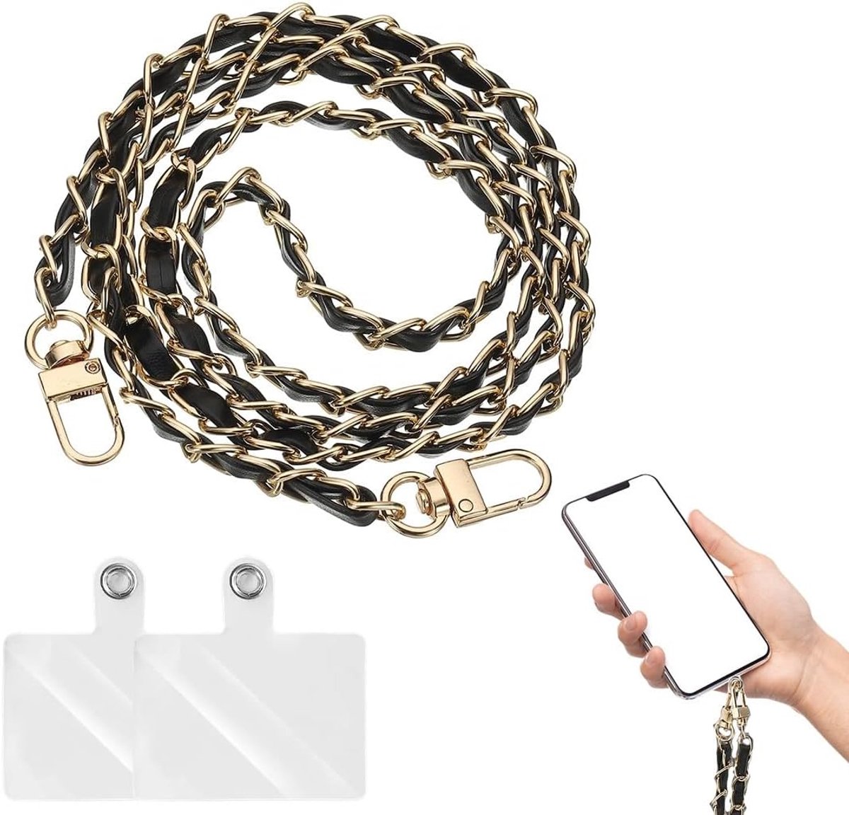 Telefoonband van PU-leer, universeel koord om op te hangen, metaal, met 2 patches, koord voor mobiele telefoon, handsfree (zwart)