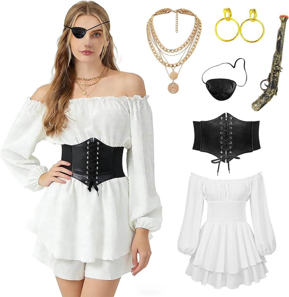 Vrouwelijk Piratenkostuum met Witte Middeleeuwse Blouse, Corsetriem en Accessoires voor Halloween en Carnavalsoptredens