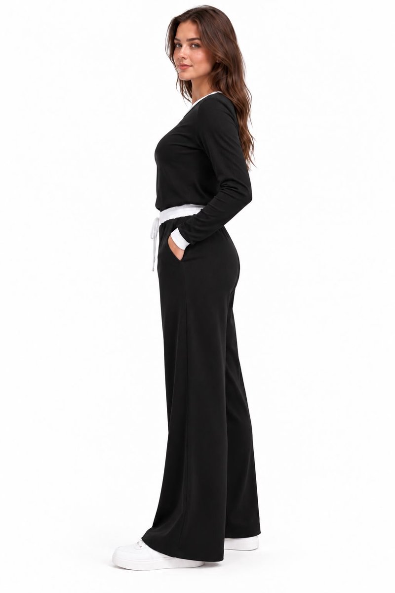 Dames Rib Fluffy Lounge Set-Vrijetijdspak-Huispak-M(38)-NGHP-W26004 Zwart