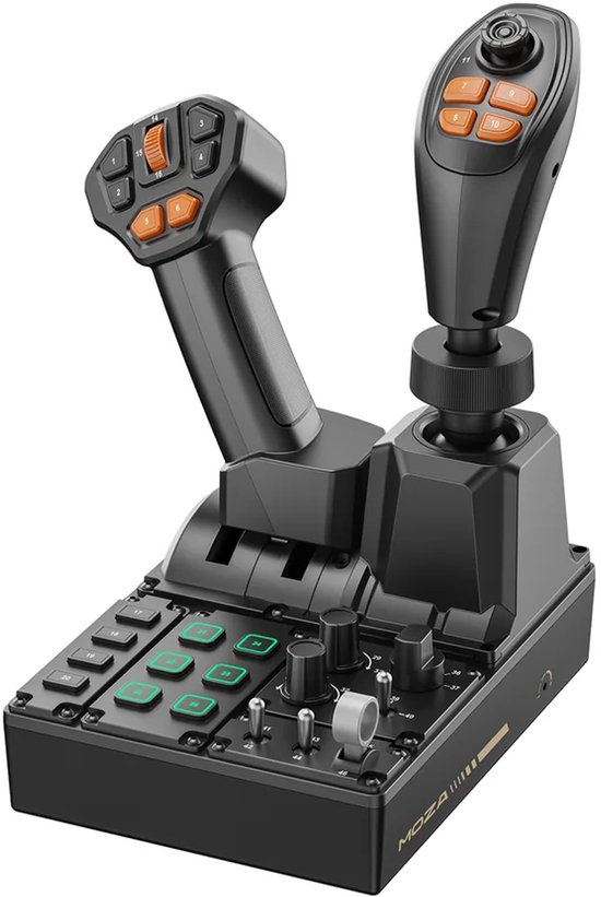 Manette noire avec deux leviers, boutons orange et un panneau de commande portant le logo 'MOZA'.